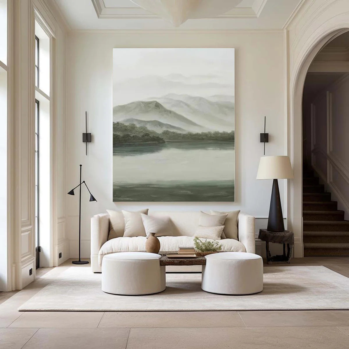 Tranquil Green & Gray River Landscape, Atmospheric Painting #BGA 173