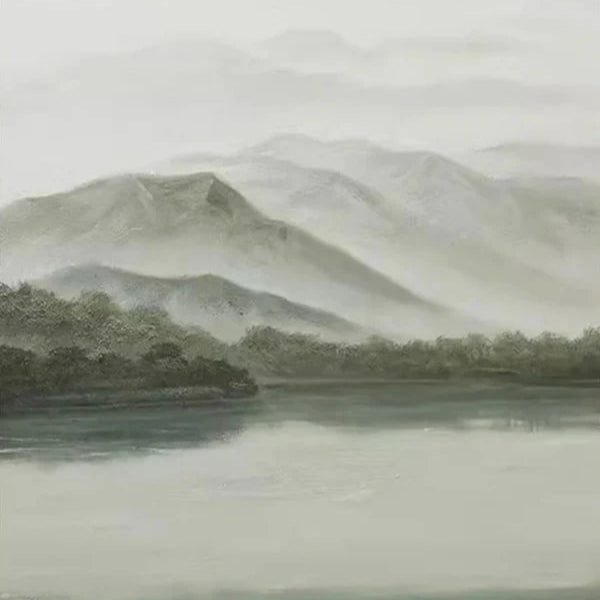 Tranquil Green & Gray River Landscape, Atmospheric Painting #BGA 173