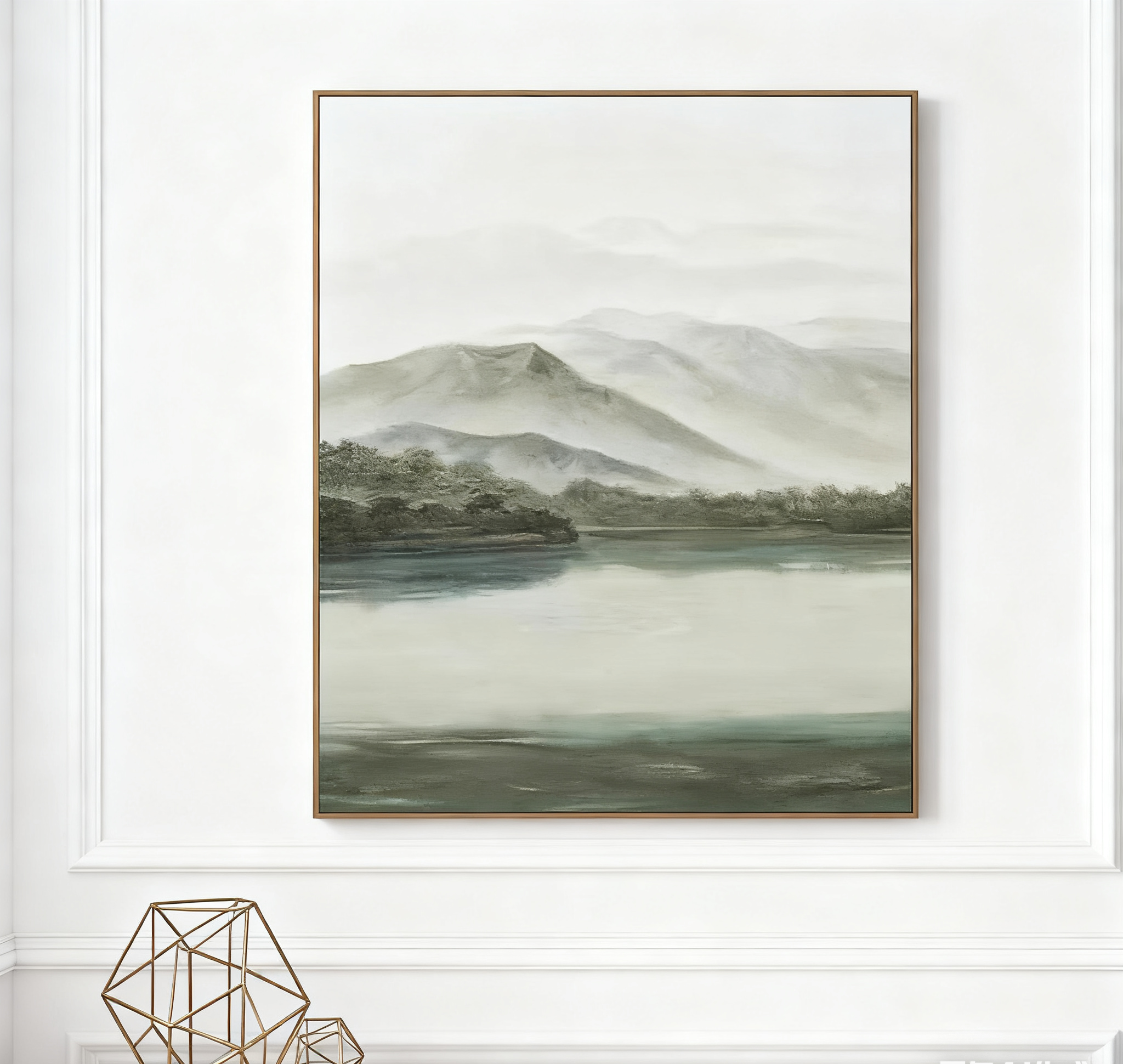 Tranquil Green & Gray River Landscape, Atmospheric Painting #BGA 173