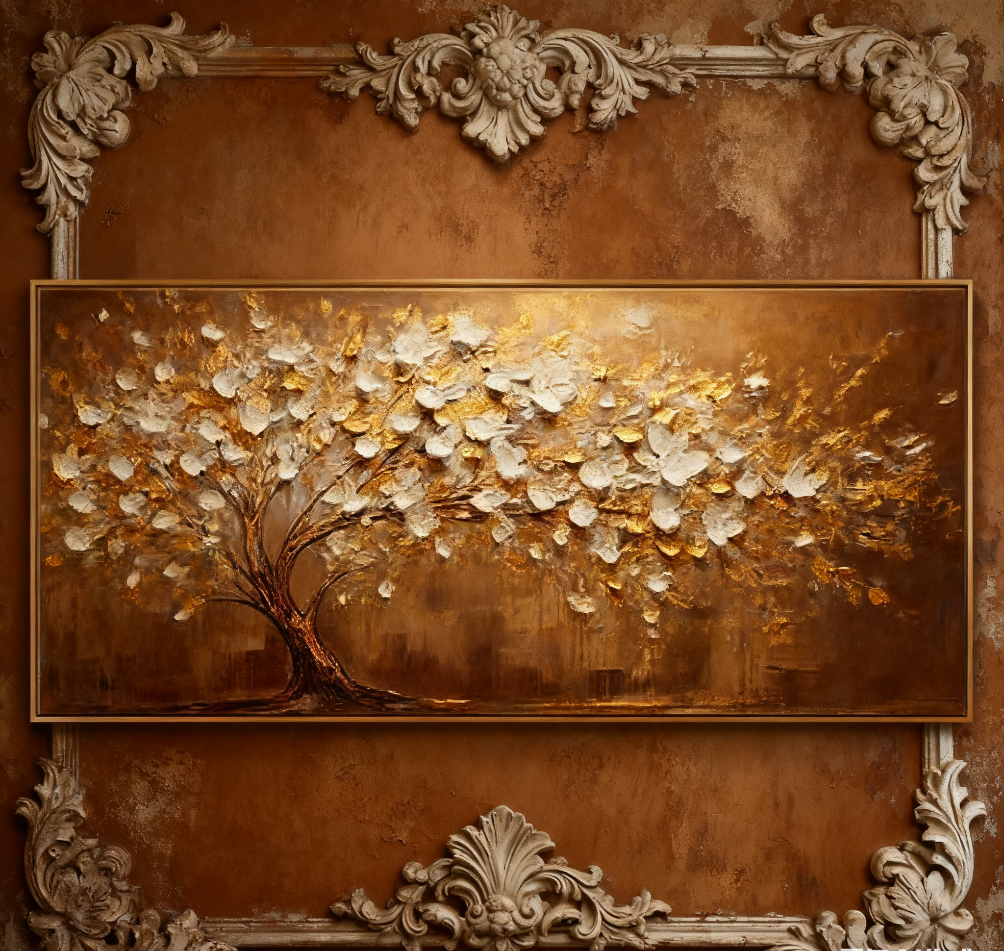 Golden Harmony Textured Tree Canvas for Elegant Bedroom Decor #FT 042
