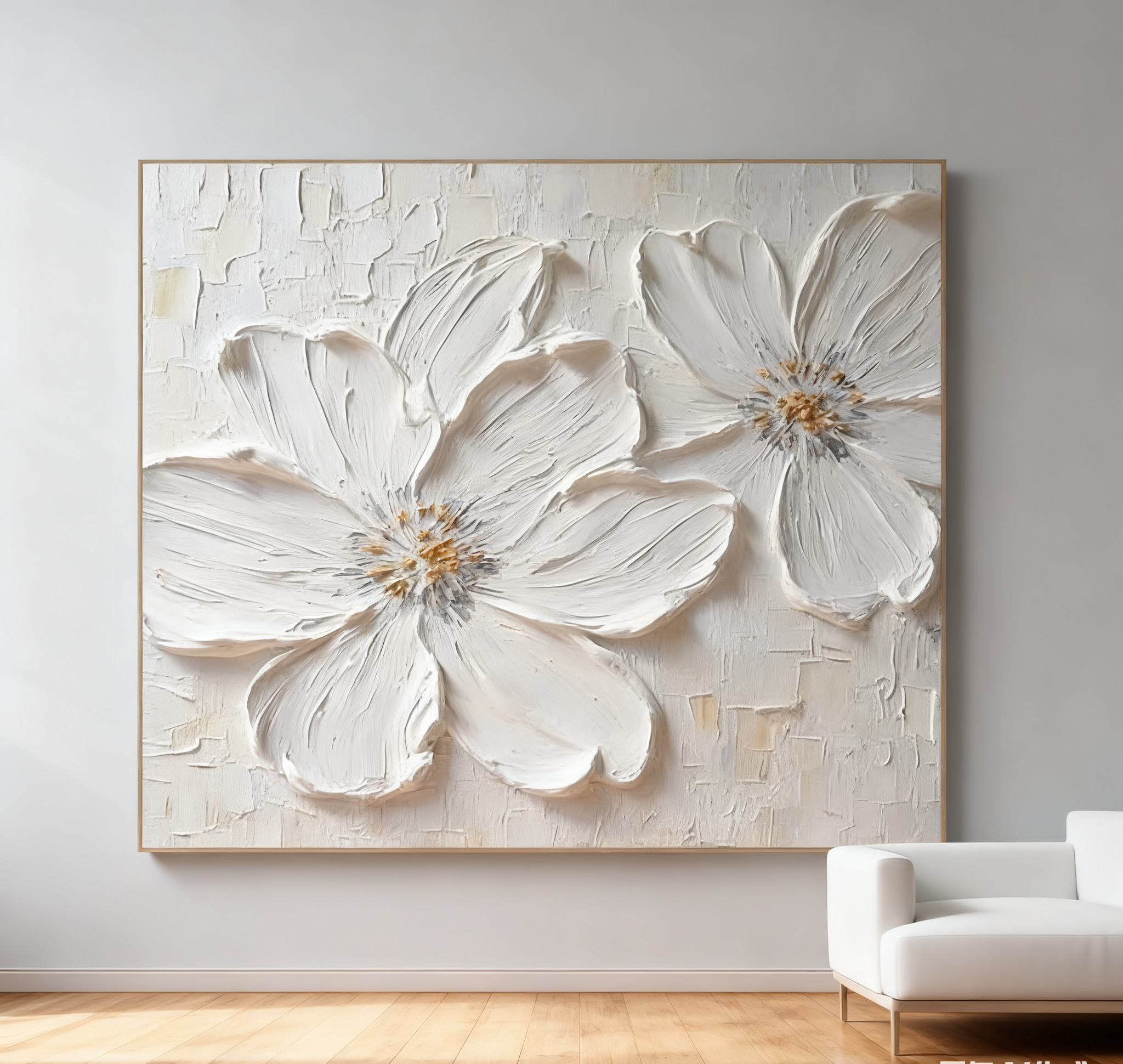 Textured White Blossom Canvas Art Luxurious Floral Wall Decor #FT 029