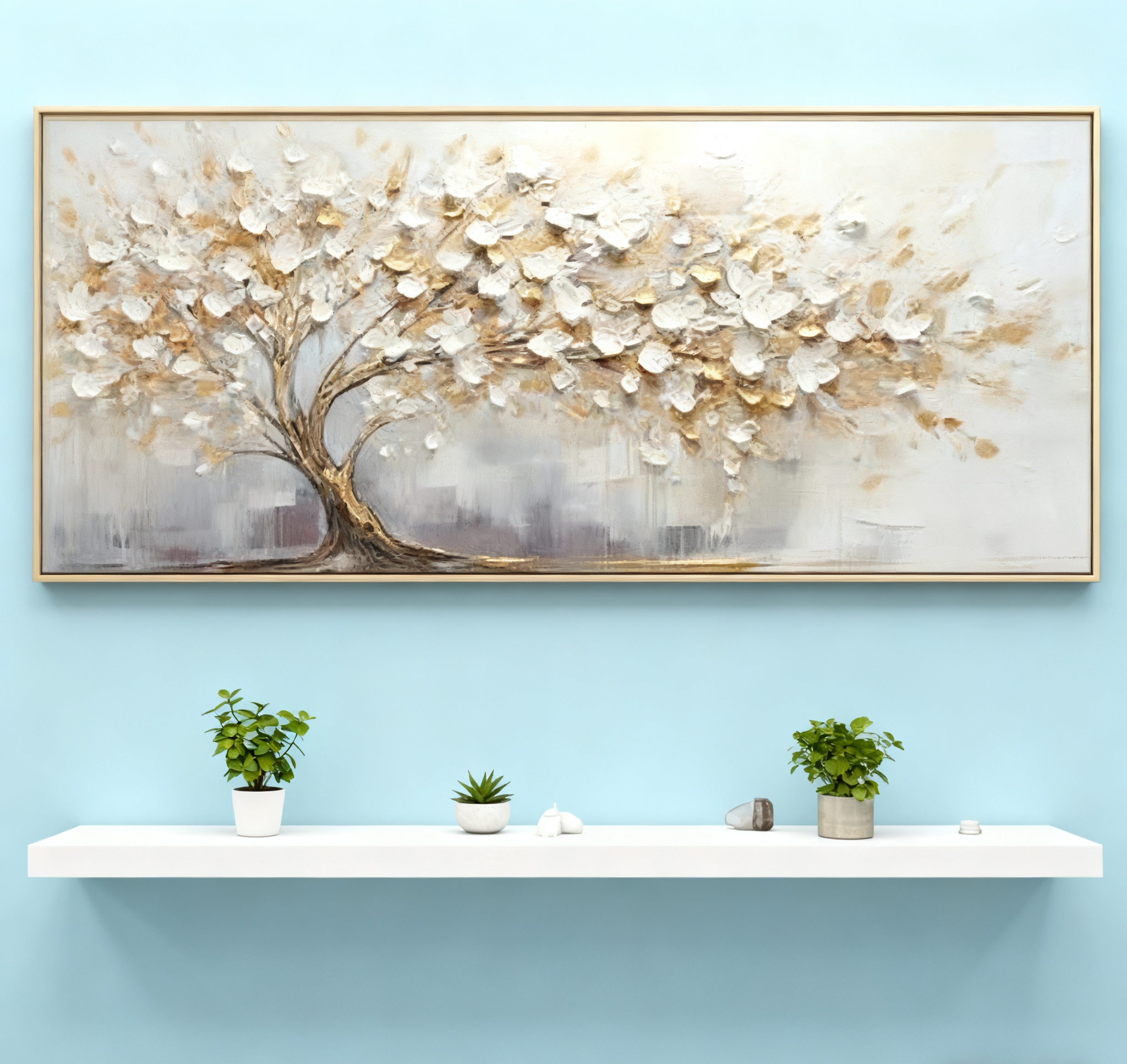 Golden Harmony Textured Tree Canvas for Elegant Bedroom Decor #FT 042