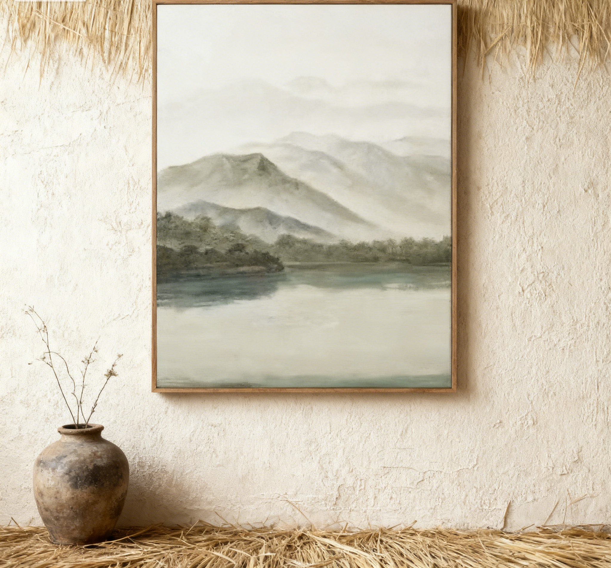 Tranquil Green & Gray River Landscape, Atmospheric Painting #BGA 173