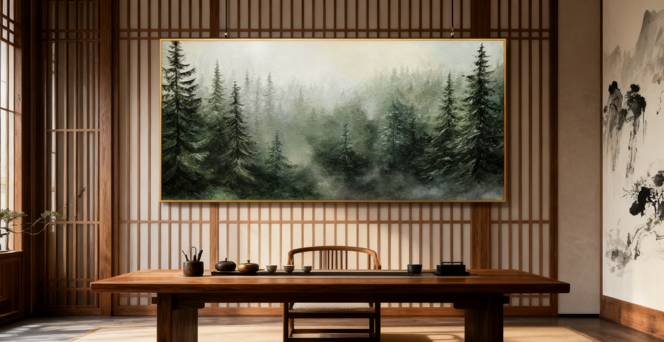 Modern Forest Wall Art Misty Pine Trees Oil Painting for Home Decor #FT 014