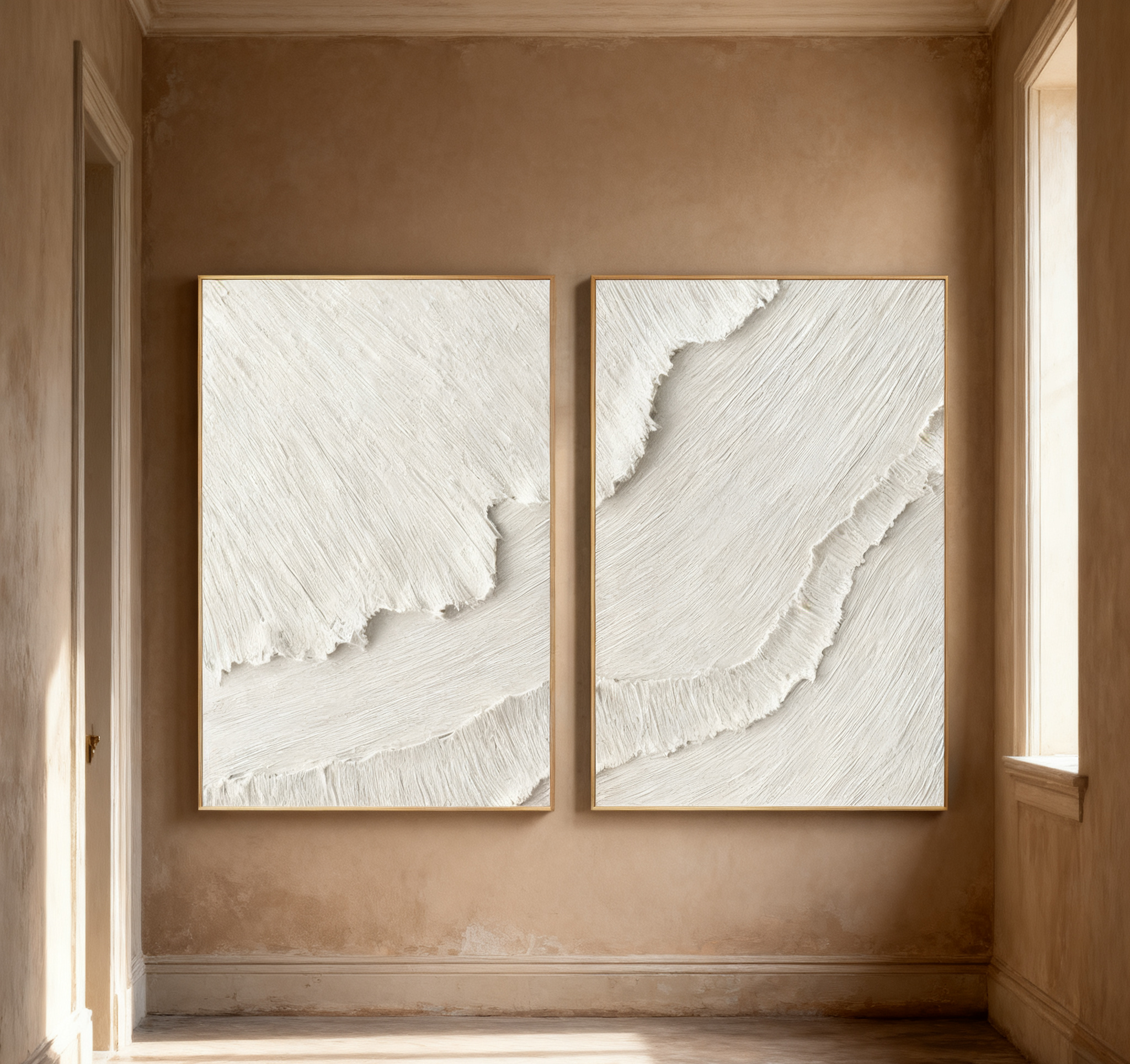 White Plaster 3D Textured Minimalist Abstract Art on Canvas Handcrafted Monochrome Wall Decor SET OF 2 #CXA 015