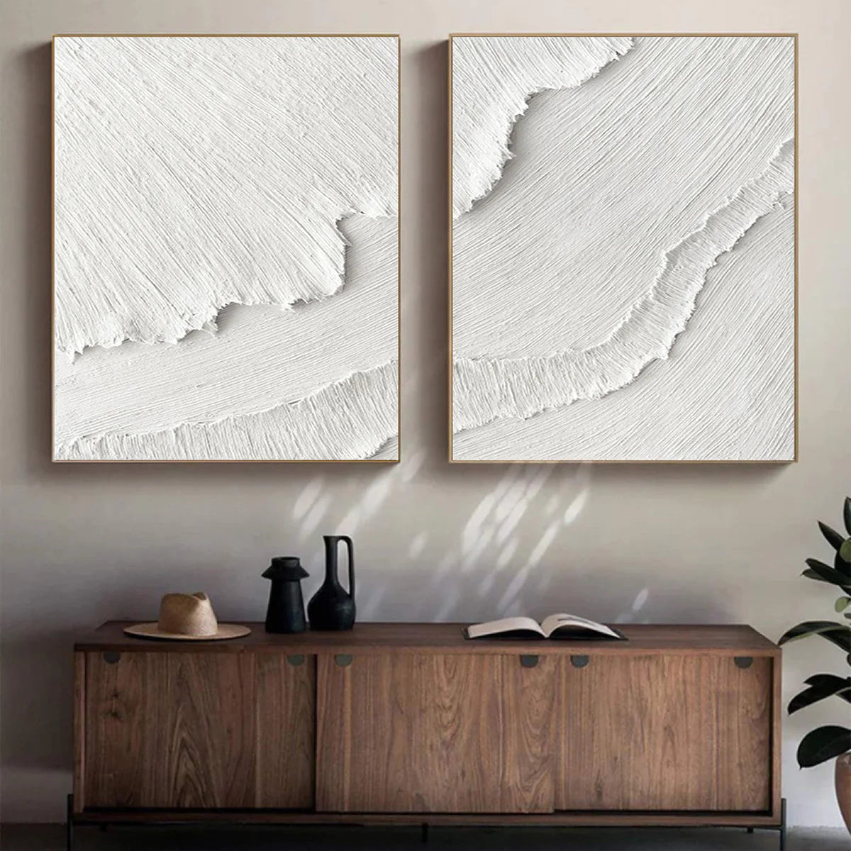 White Plaster 3D Textured Minimalist Abstract Art on Canvas Handcrafted Monochrome Wall Decor SET OF 2 #CXA 015