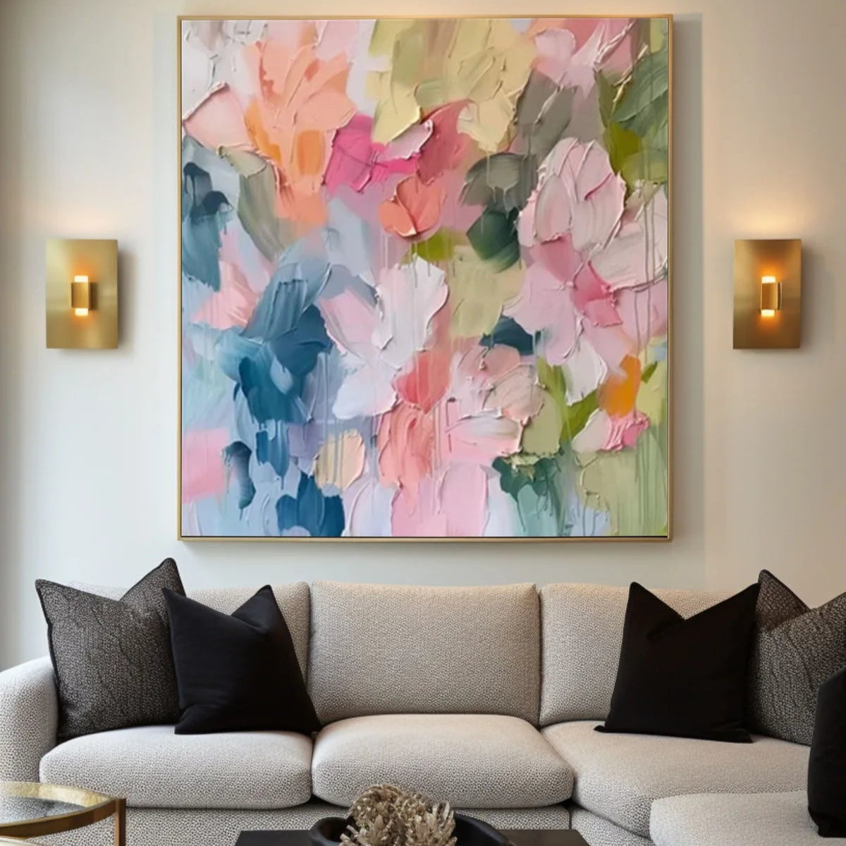 Blossoming Pink Peonies Canvas Art Impressionist Floral Wall Decor #FT 028