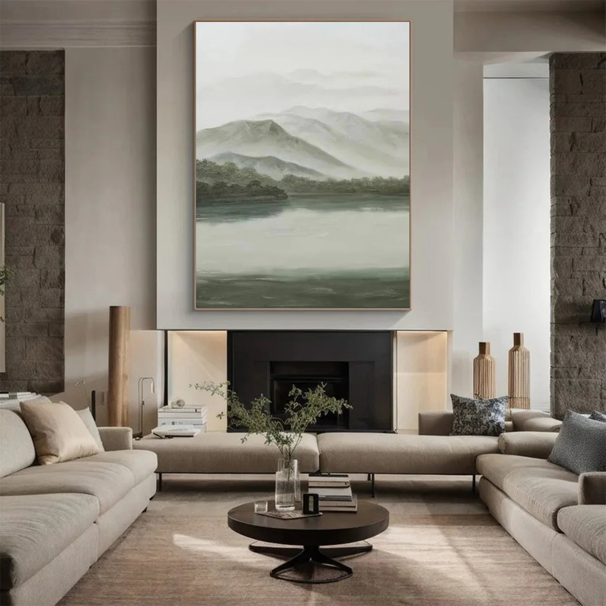 Tranquil Green & Gray River Landscape, Atmospheric Painting #BGA 173