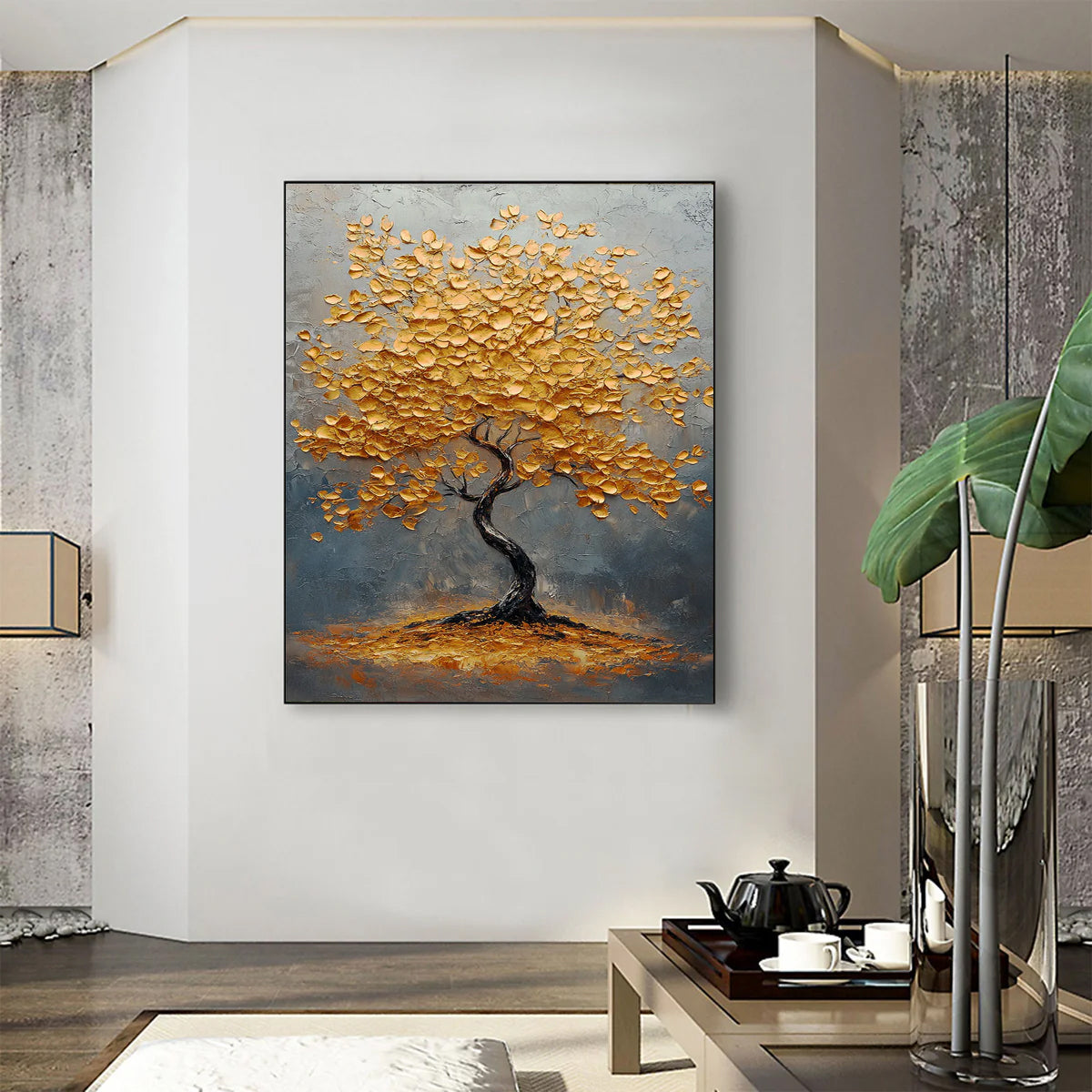 Flower and tree oil painting wall mural, hand-painted abstract artwork FP#004