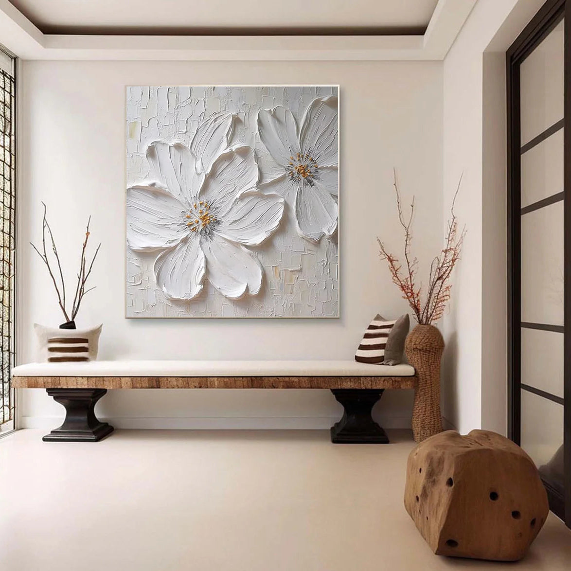 Textured White Blossom Canvas Art Luxurious Floral Wall Decor #FT 029