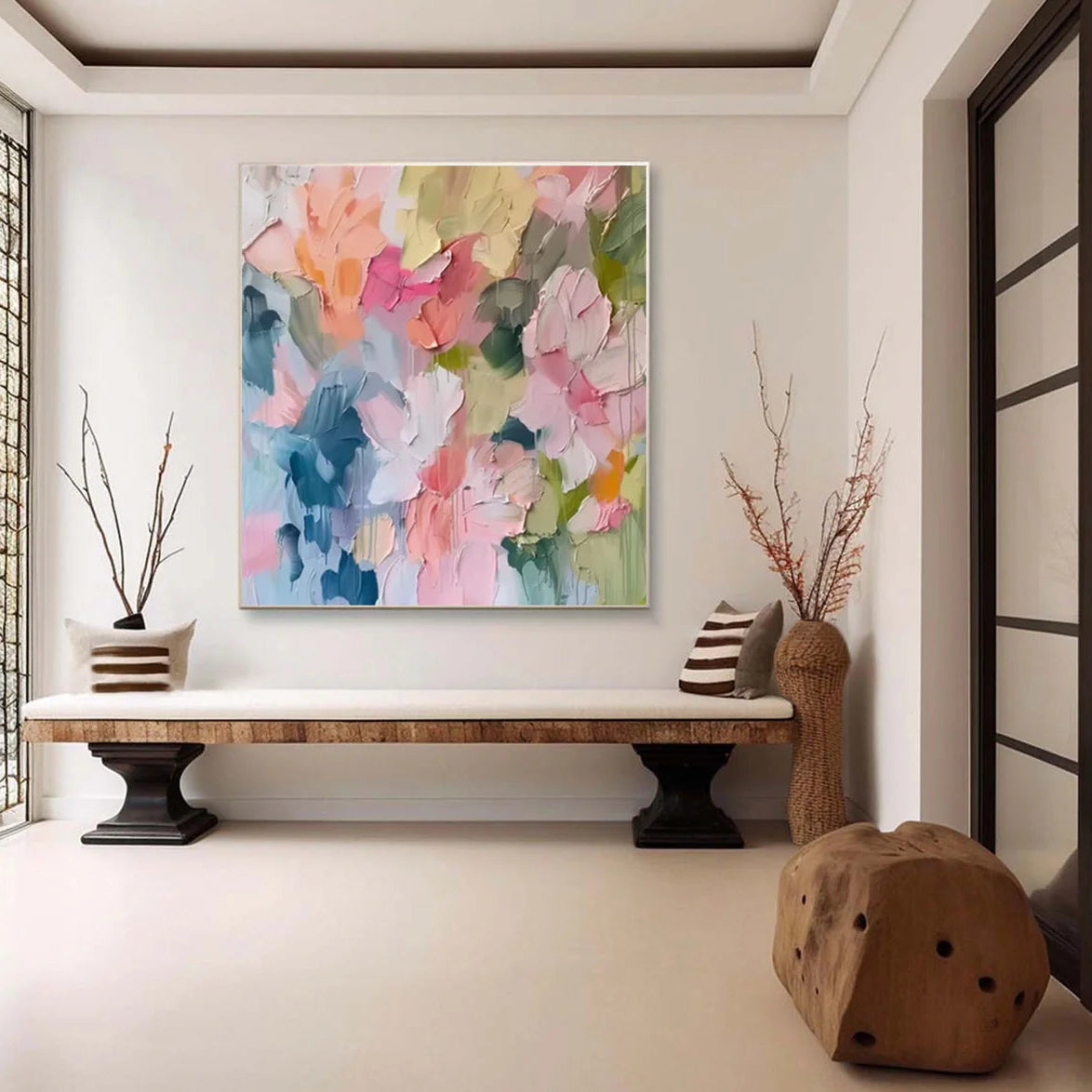 Blossoming Pink Peonies Canvas Art Impressionist Floral Wall Decor #FT 028