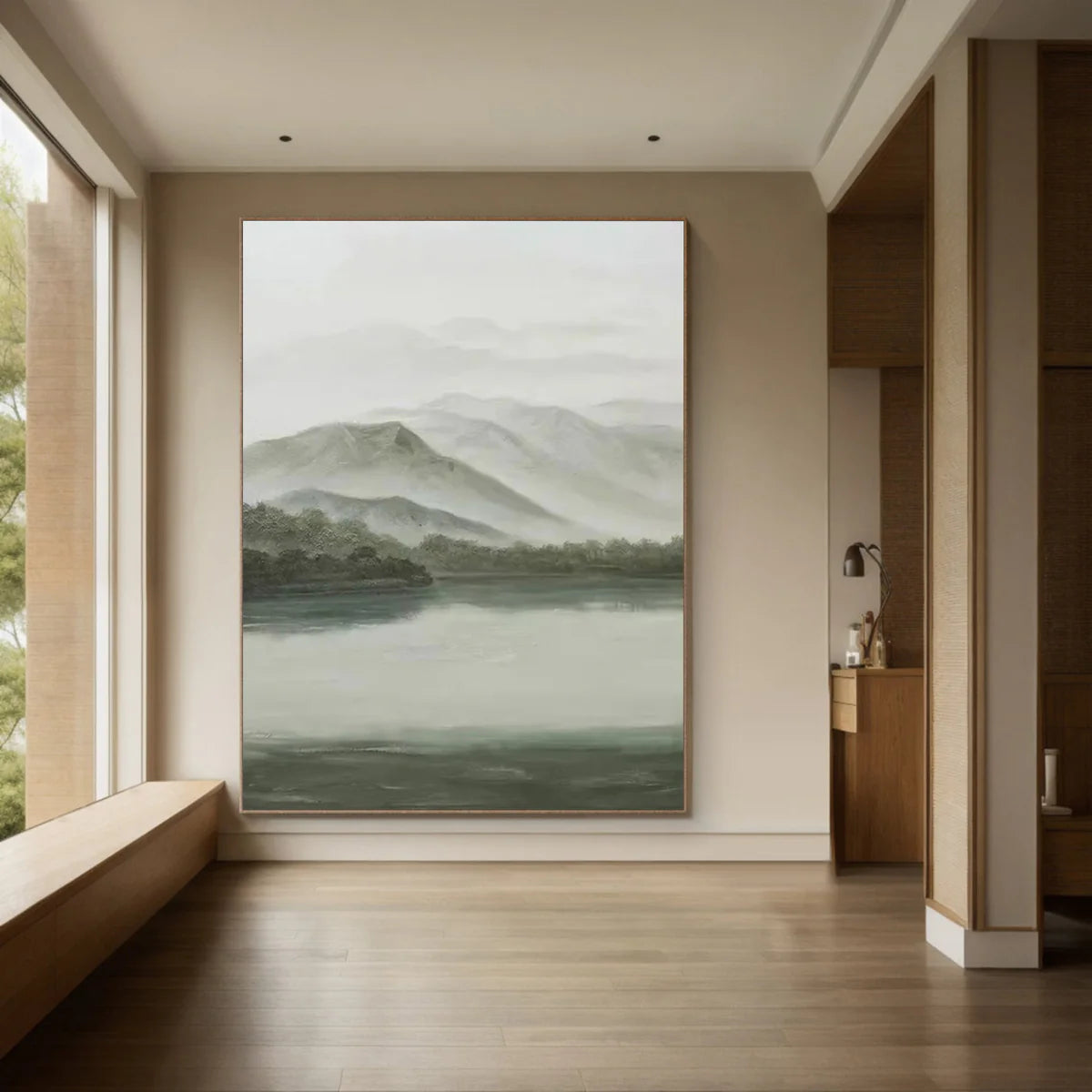 Tranquil Green & Gray River Landscape, Atmospheric Painting #BGA 173