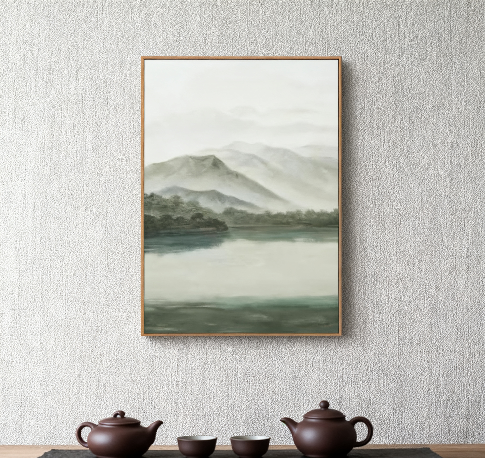 Tranquil Green & Gray River Landscape, Atmospheric Painting #BGA 173