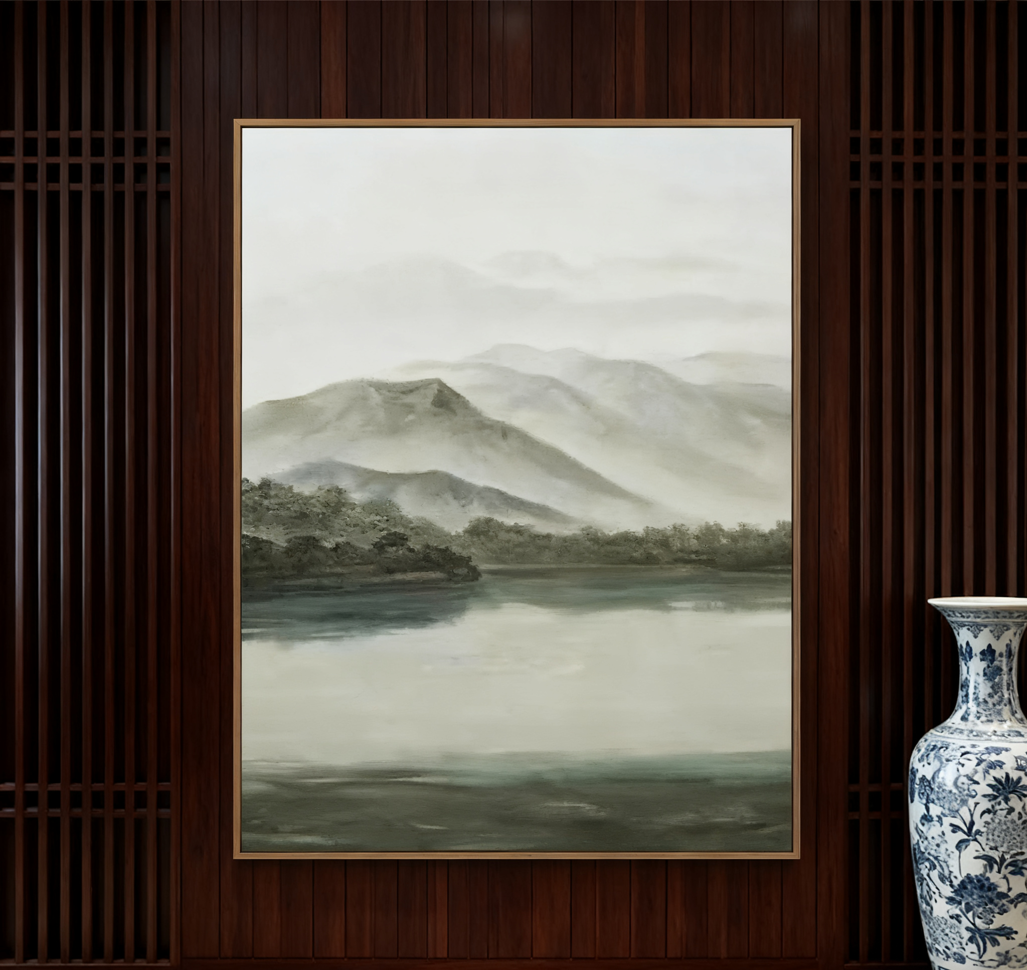 Tranquil Green & Gray River Landscape, Atmospheric Painting #BGA 173