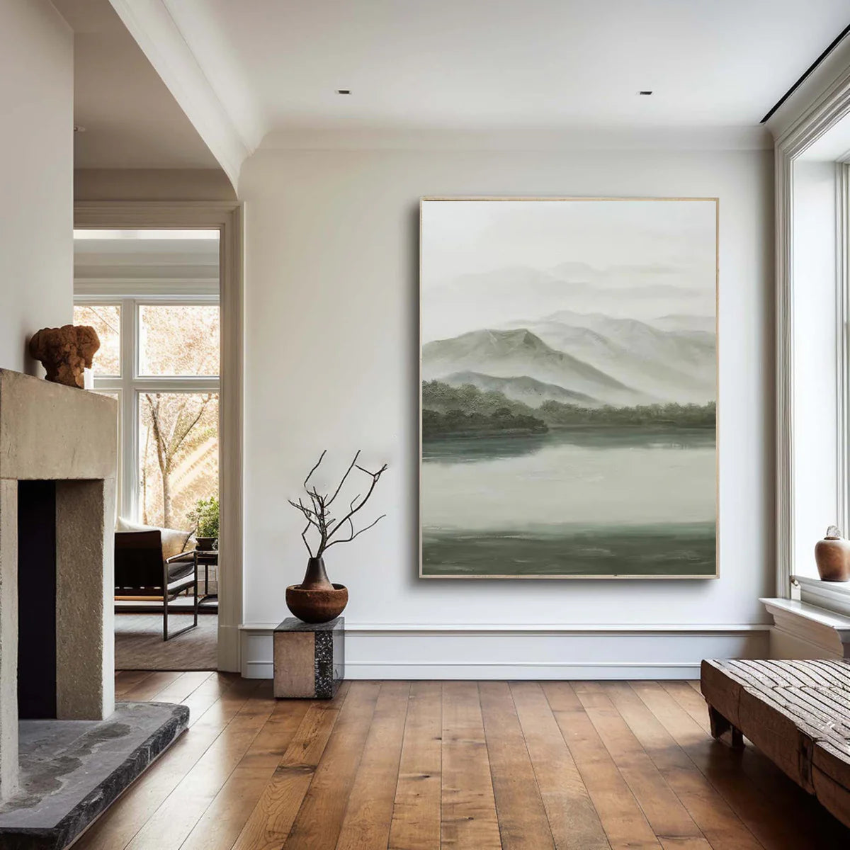 Tranquil Green & Gray River Landscape, Atmospheric Painting #BGA 173