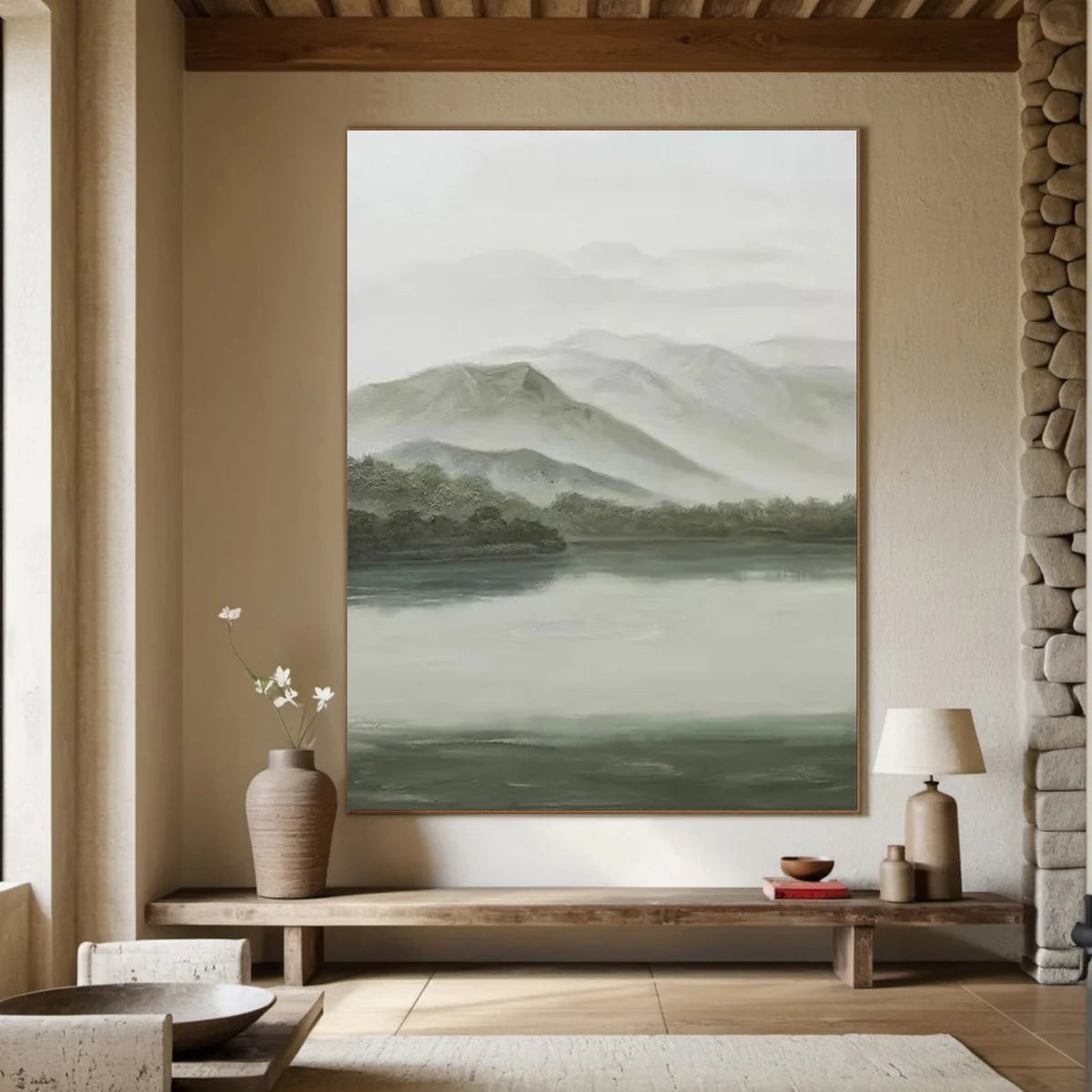 Tranquil Green & Gray River Landscape, Atmospheric Painting #BGA 173