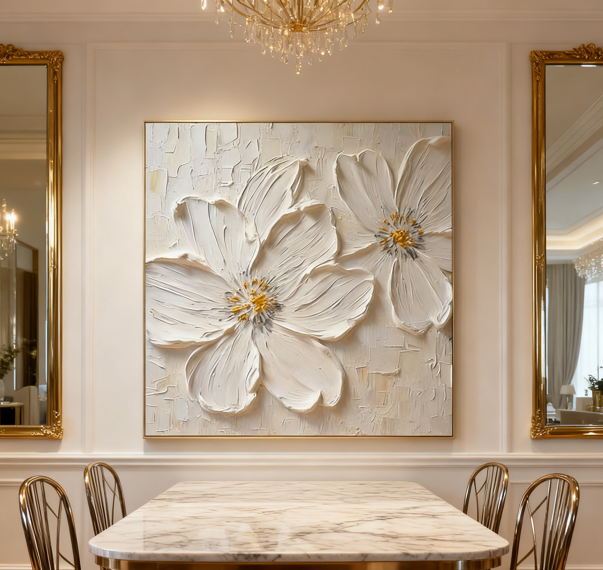 Textured White Blossom Canvas Art Luxurious Floral Wall Decor #FT 029