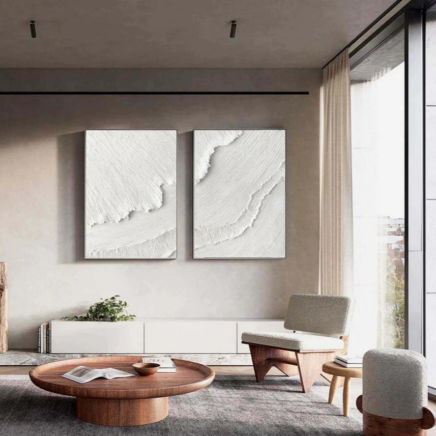White Plaster 3D Textured Minimalist Abstract Art on Canvas  Handcrafted Monochrome Wall Decor SET OF 2 #CXA 015