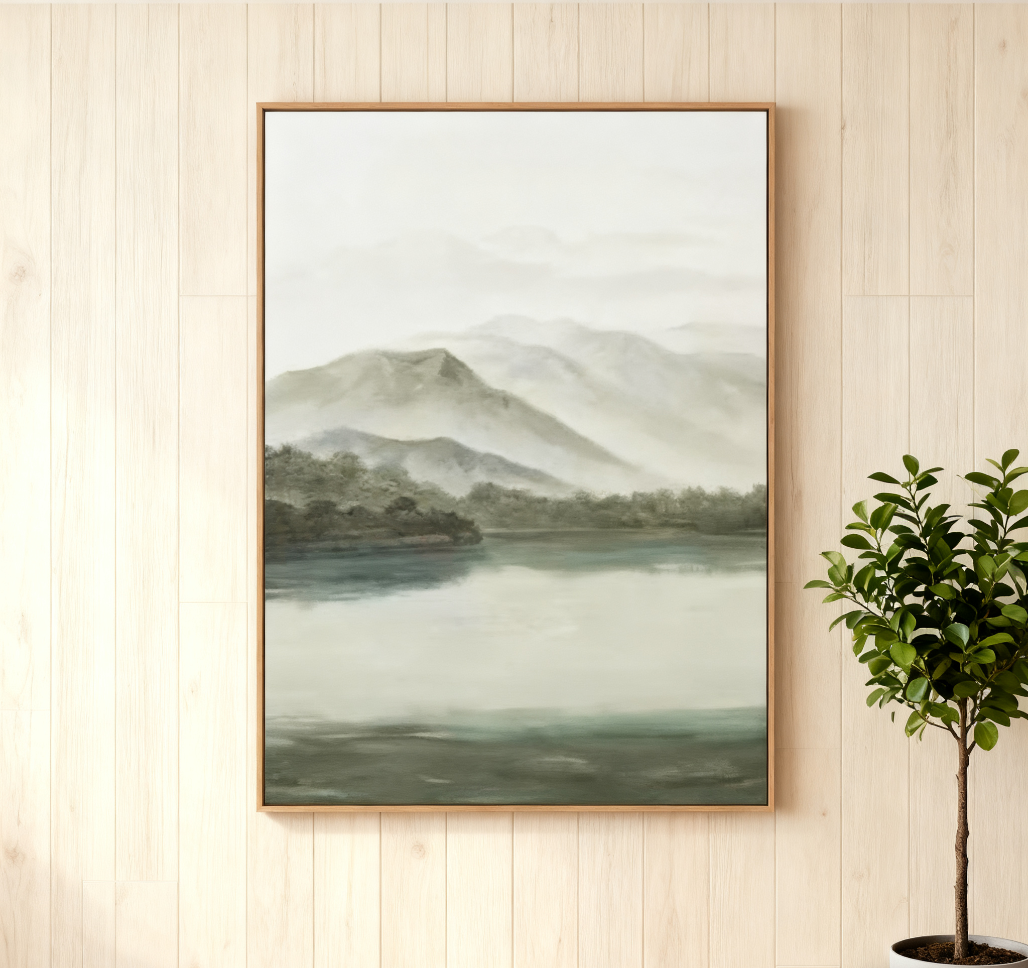Tranquil Green & Gray River Landscape, Atmospheric Painting #BGA 173