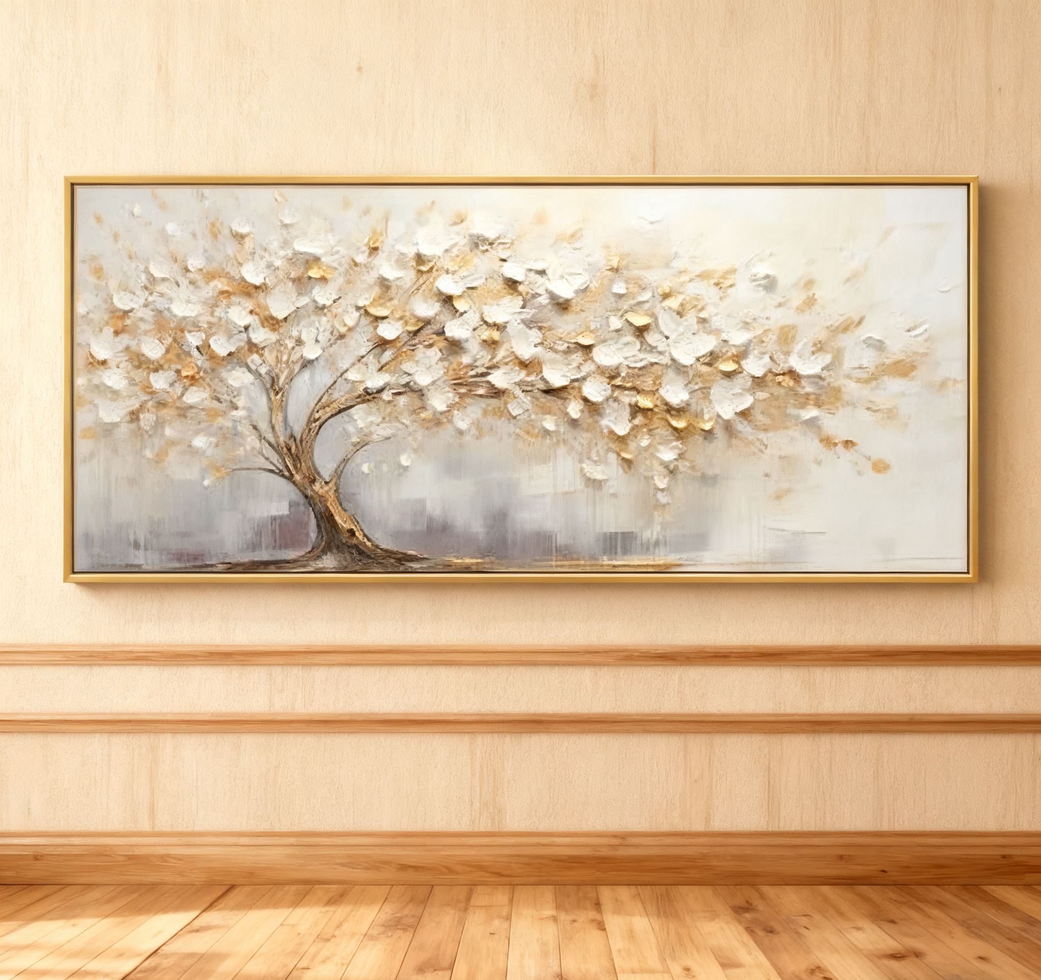 Golden Harmony Textured Tree Canvas for Elegant Bedroom Decor #FT 042