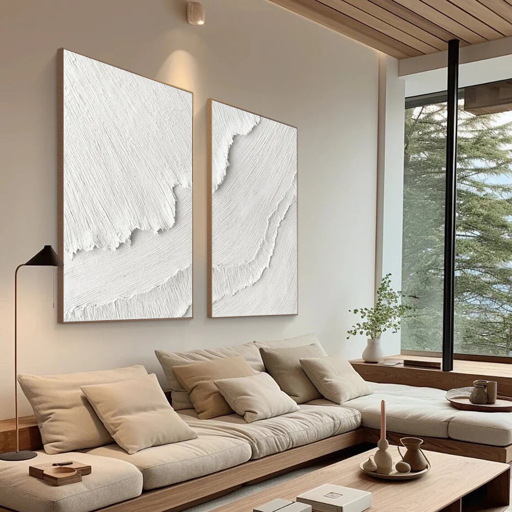 White Plaster 3D Textured Minimalist Abstract Art on Canvas  Handcrafted Monochrome Wall Decor SET OF 2 #CXA 015