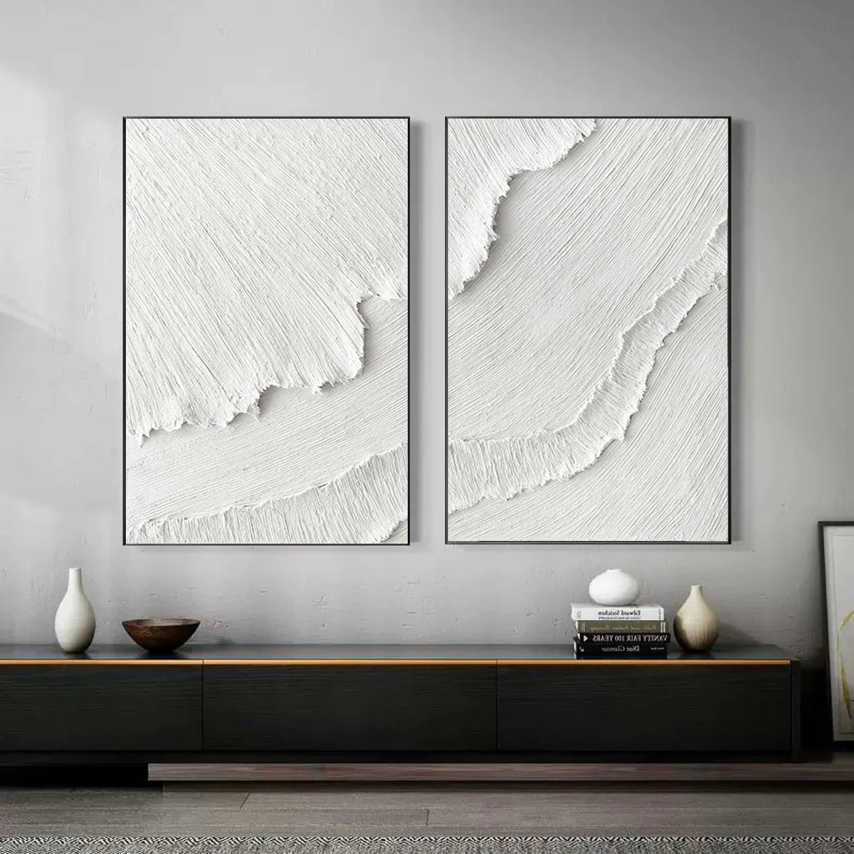 White Plaster 3D Textured Minimalist Abstract Art on Canvas  Handcrafted Monochrome Wall Decor SET OF 2 #CXA 015