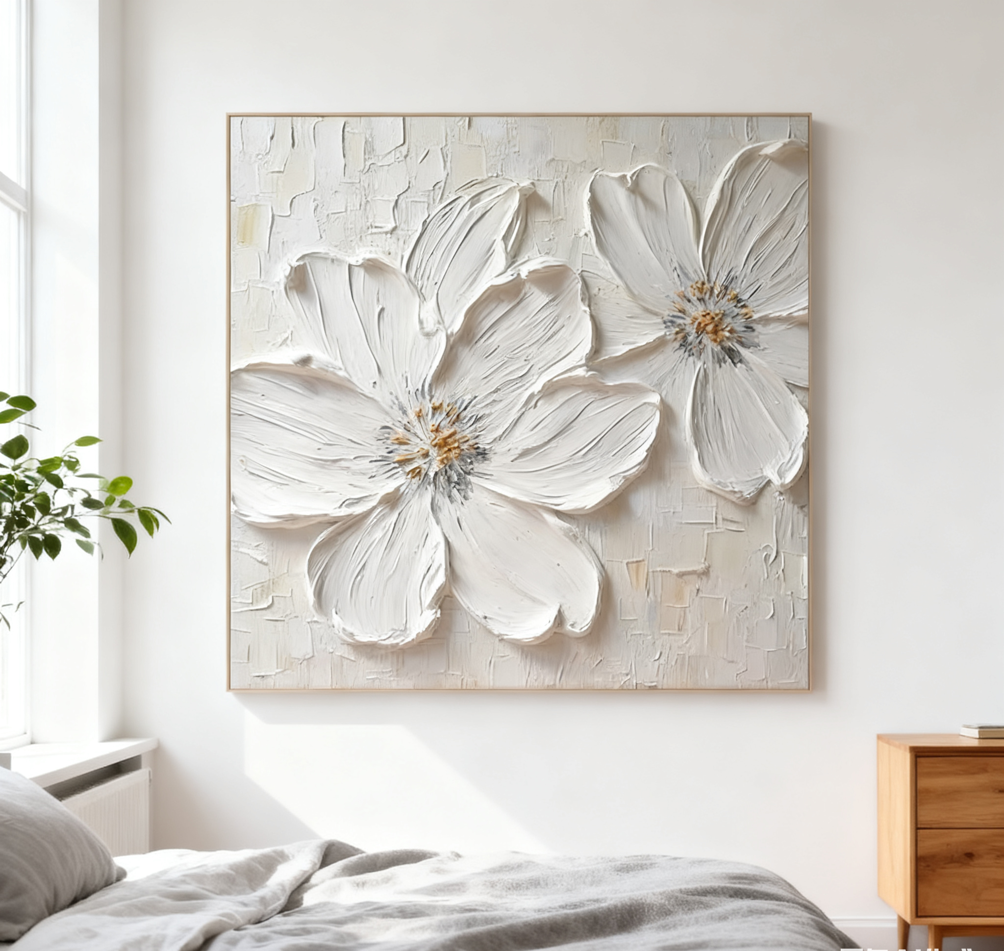 Textured White Blossom Canvas Art Luxurious Floral Wall Decor #FT 029