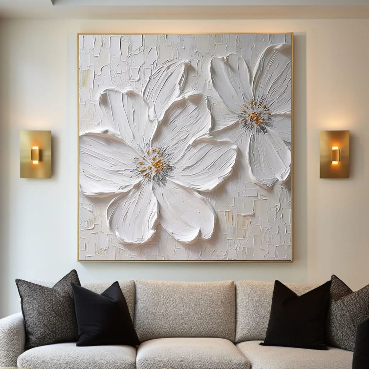 Textured White Blossom Canvas Art Luxurious Floral Wall Decor #FT 029