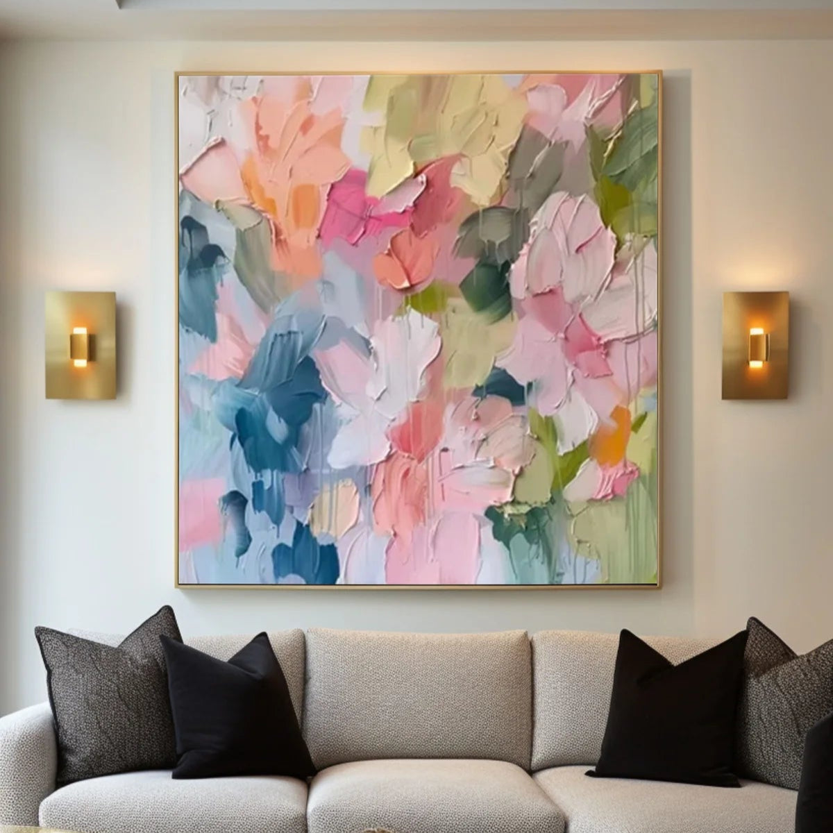 Blossoming Pink Peonies Canvas Art Impressionist Floral Wall Decor #FT 028