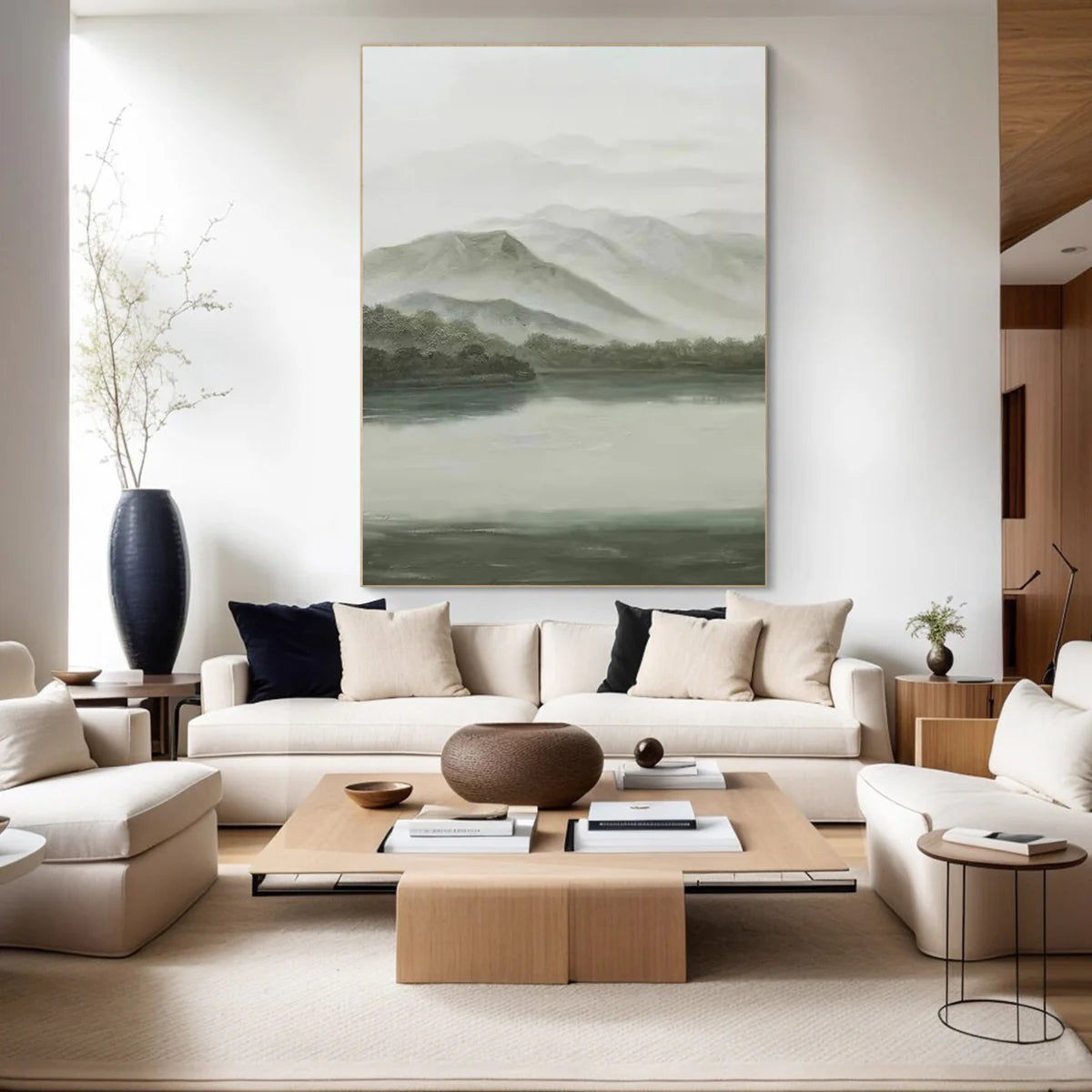 Tranquil Green & Gray River Landscape, Atmospheric Painting #BGA 173
