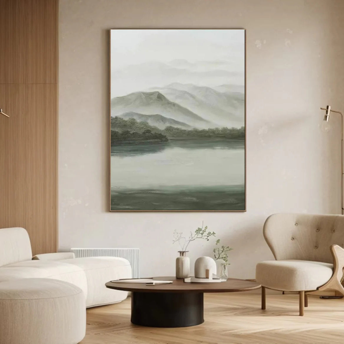 Tranquil Green & Gray River Landscape, Atmospheric Painting #BGA 173