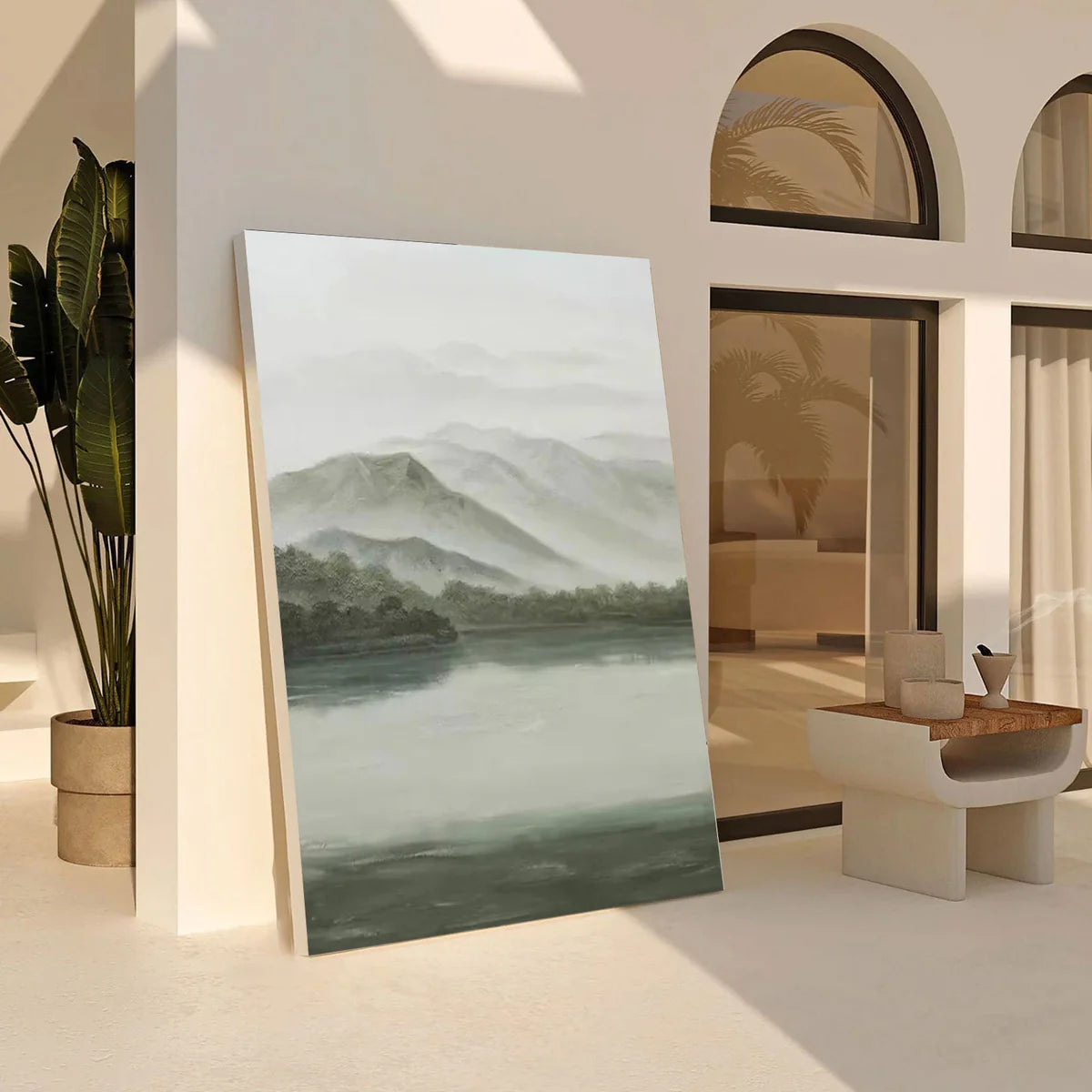 Tranquil Green & Gray River Landscape, Atmospheric Painting #BGA 173
