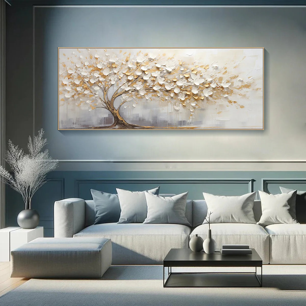 Golden Harmony Textured Tree Canvas for Elegant Bedroom Decor #FT 042